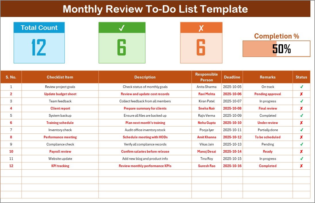 Monthly Review To-Do List Checklist in Excel 