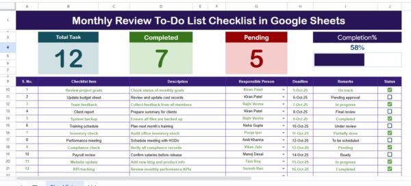 Monthly Review To-Do List Checklist in Google Sheets - Image 3