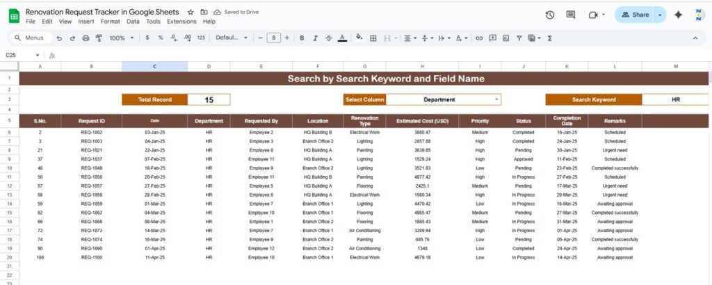 Renovation Request Tracker in Google Sheets - Next Gen Templates