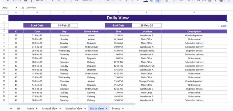 Supplier Delivery Schedule Calendar in Google Sheets - Next Gen Templates
