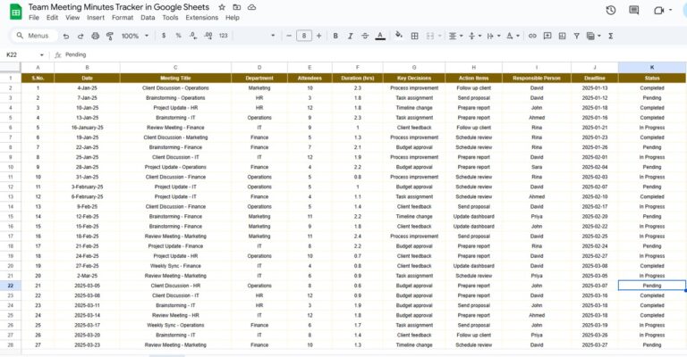 Team Meeting Minutes Tracker in Google Sheets - Next Gen Templates