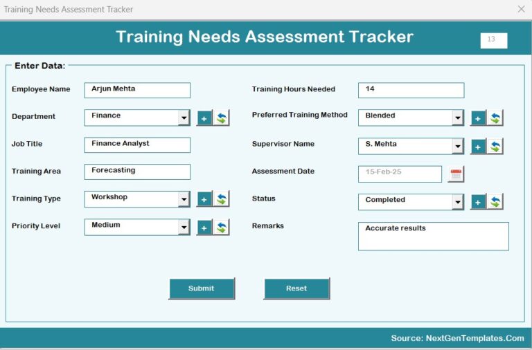 Training Needs Assessment Tracker in Excel - Next Gen Templates