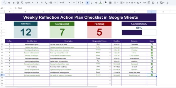 Weekly Reflection Action Plan Checklist in Google Sheets - Image 3