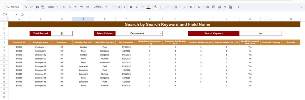 Office Relocation Feedback Tracker in Google Sheets - Next Gen Templates