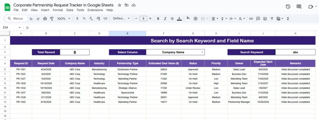 Corporate Partnership Request Tracker in Google Sheets - Next Gen Templates