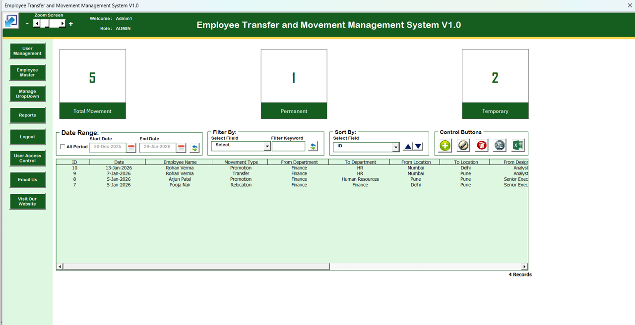 Employee Transfer and Movement Management System V1.0 in Excel VBA