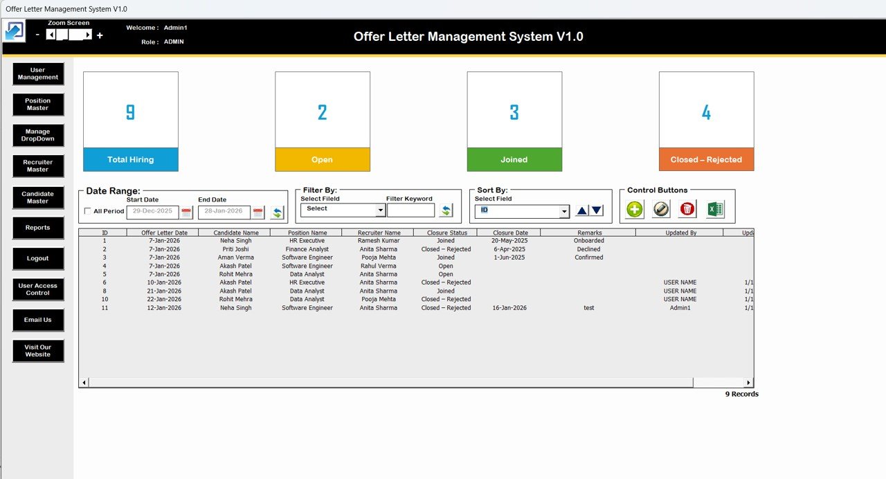 Offer Letter Management System V1.0 in Excel VBA