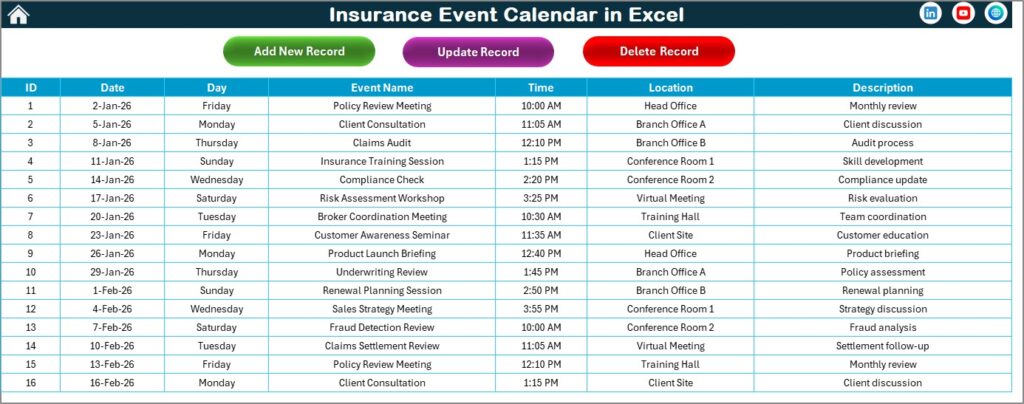 Insurance Event Calendar in Excel - Next Gen Templates