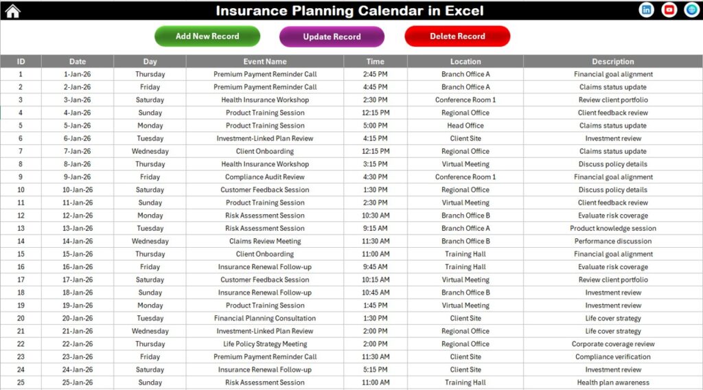 Insurance Planning Calendar in Excel - Next Gen Templates