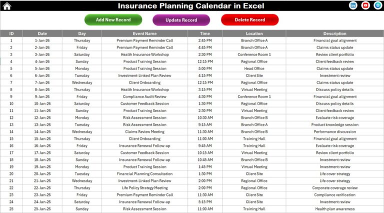 Insurance Planning Calendar in Excel - Next Gen Templates