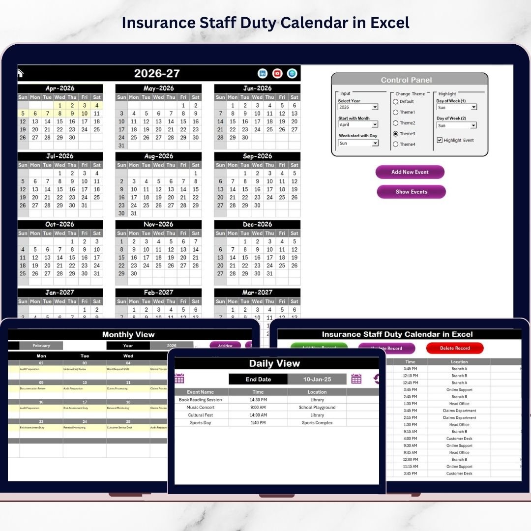 Insurance Staff Duty Calendar in Excel