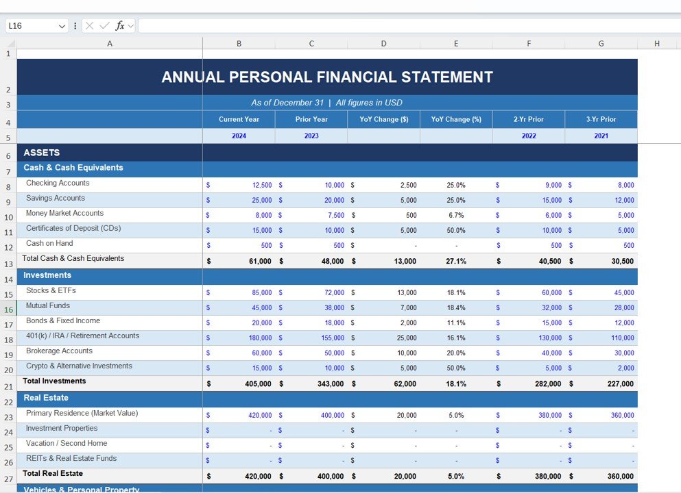 Annual Personal Financial Statement Template in Excel