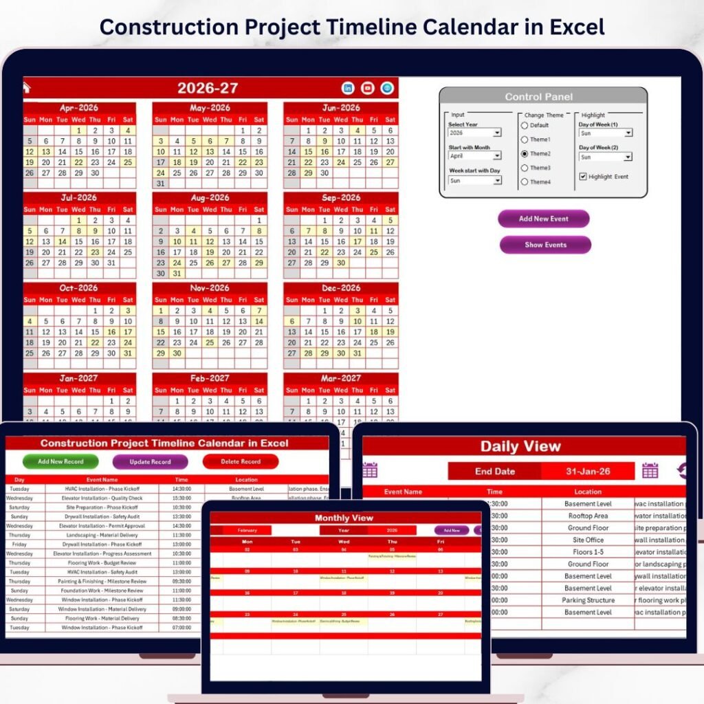 Co Construct Calendar View Construction Project Schedule Calendar in Excel - Next Gen Templates