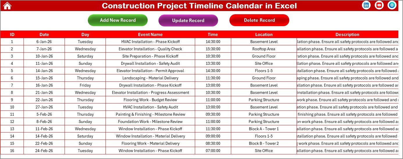 Construction Project Timeline Calendar in Excel - Image 5