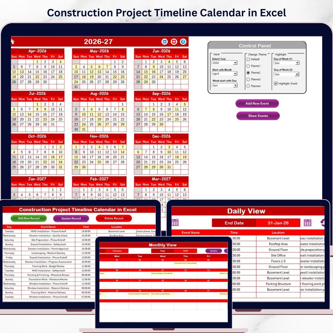 Construction Project Timeline Calendar in Excel