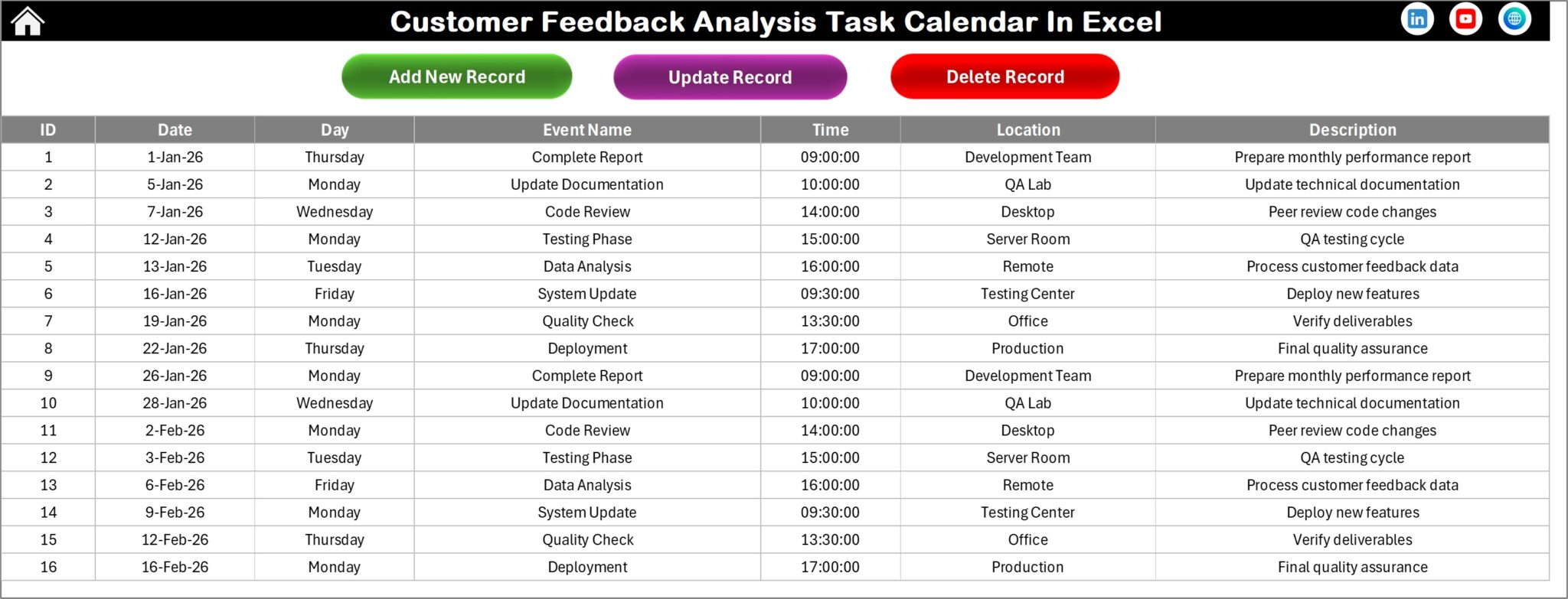 Customer Feedback Analysis Task Calendar in Excel - Next Gen Templates