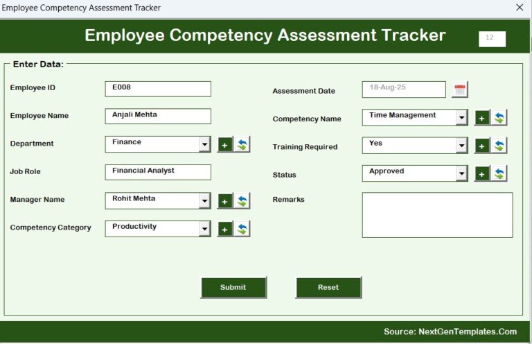 Employee Competency Assessment Tracker in Excel - Next Gen Templates