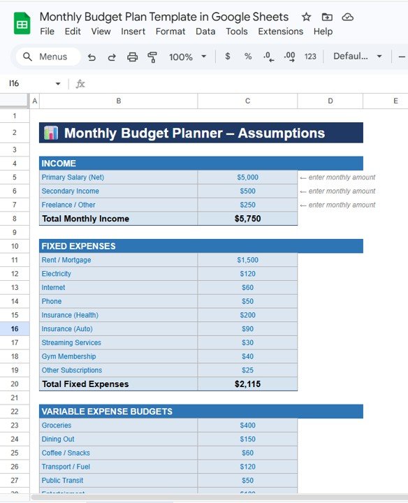 Monthly Budget Plan Template in Google Sheets