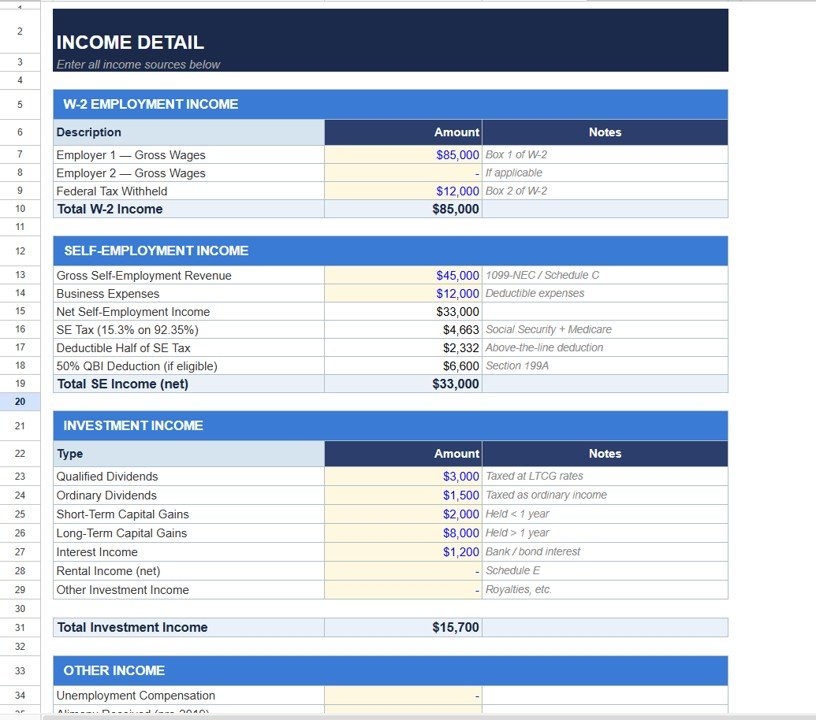 Tax Planning Worksheet Template in Google Sheets