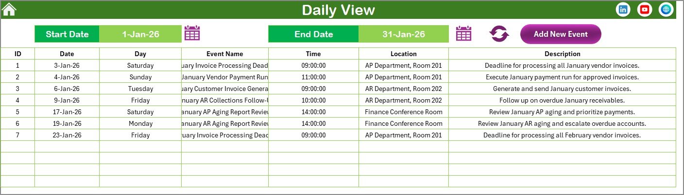 Accounts Payable and Receivable Calendar - Daily View