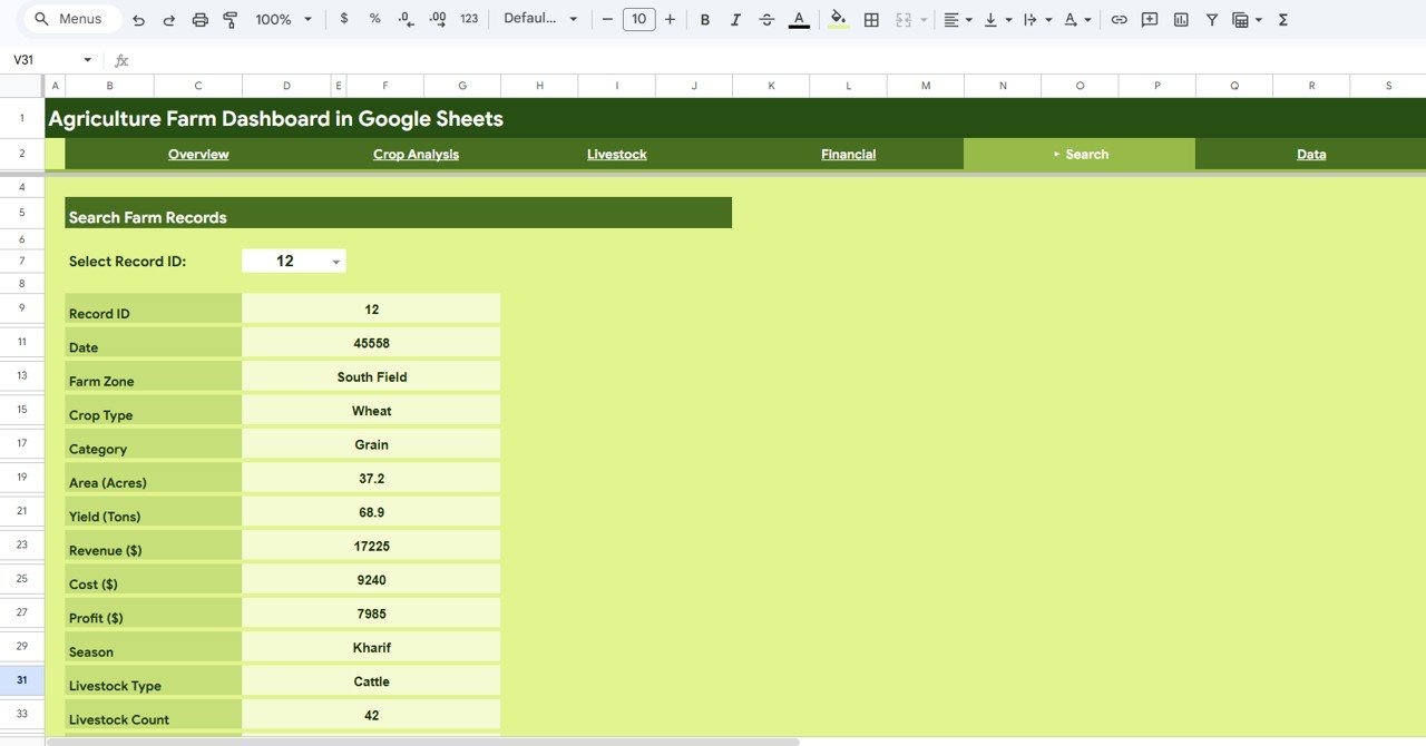 Agriculture Farm Dashboard in Google Sheets - Search Page