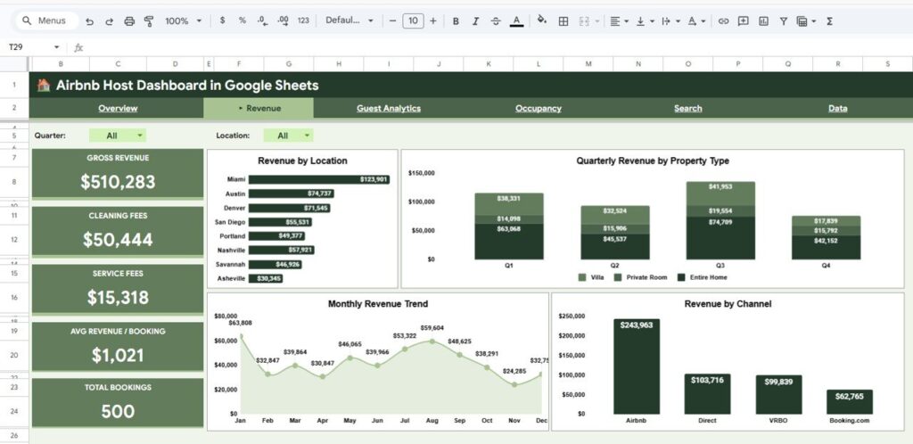 Airbnb Host Dashboard in Google Sheets - Next Gen Templates