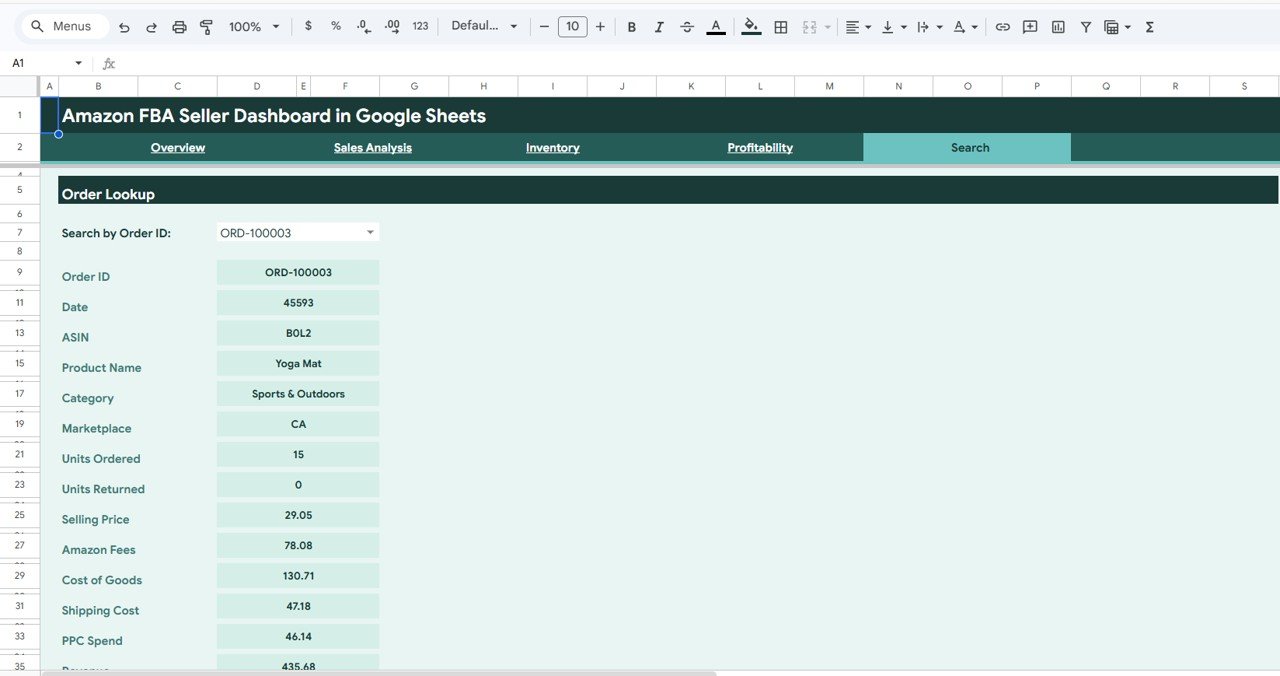 Amazon FBA Seller Dashboard in Google Sheets - Search Page
