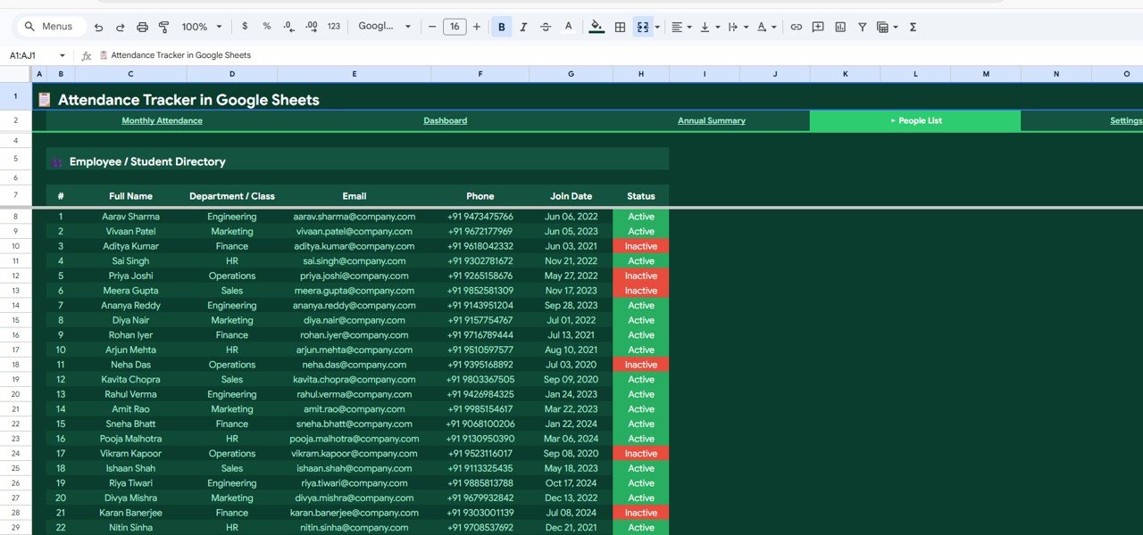 Attendance Tracker in Google Sheets - People List