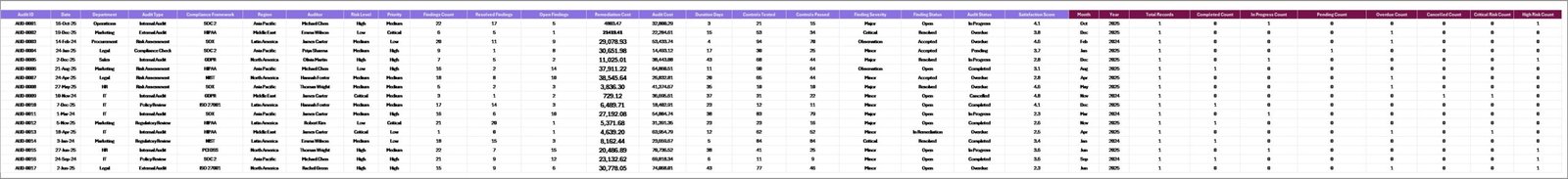 Compliance and Audit Dashboard in Excel - Data Sheet tab