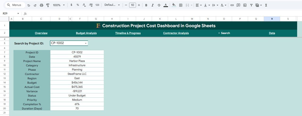 Construction Project Cost Dashboard - Search Page