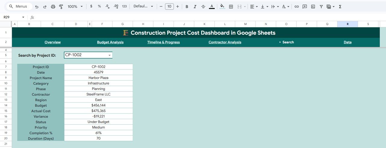 Construction Project Cost Dashboard - Search Page