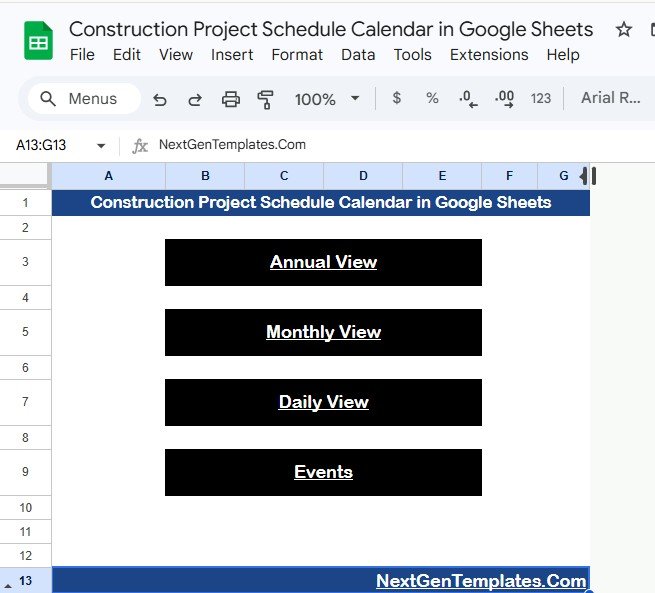 Construction Project Schedule Calendar in Google Sheets