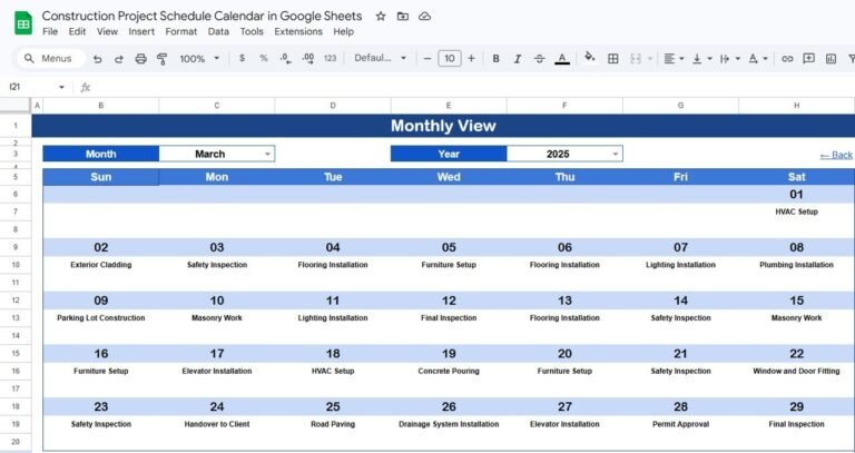 Co Construct Calendar View Construction Project Schedule Calendar in Google Sheets - Next Gen ...