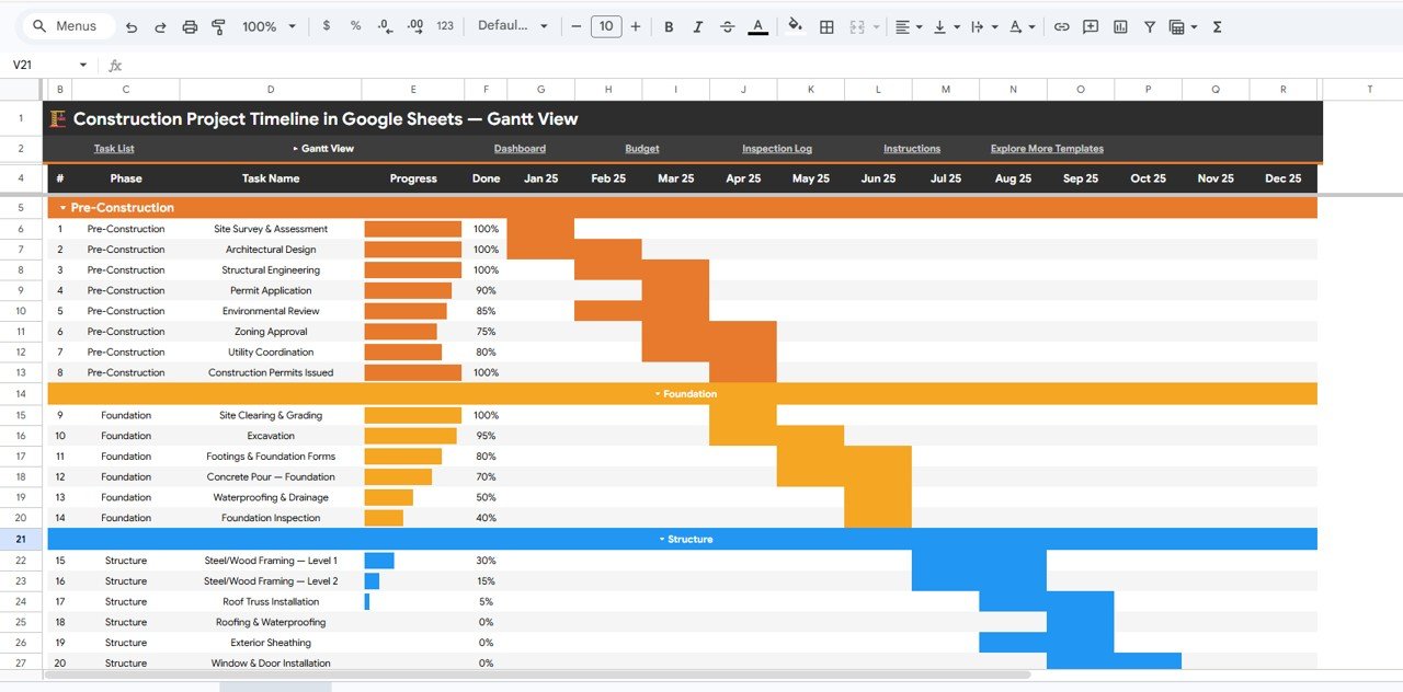 Construction Project Timeline - Gantt View