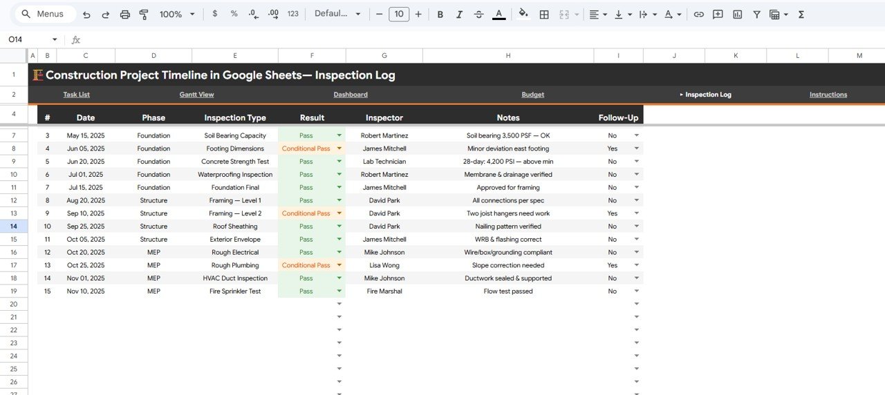 Construction Project Timeline - Inspection Log