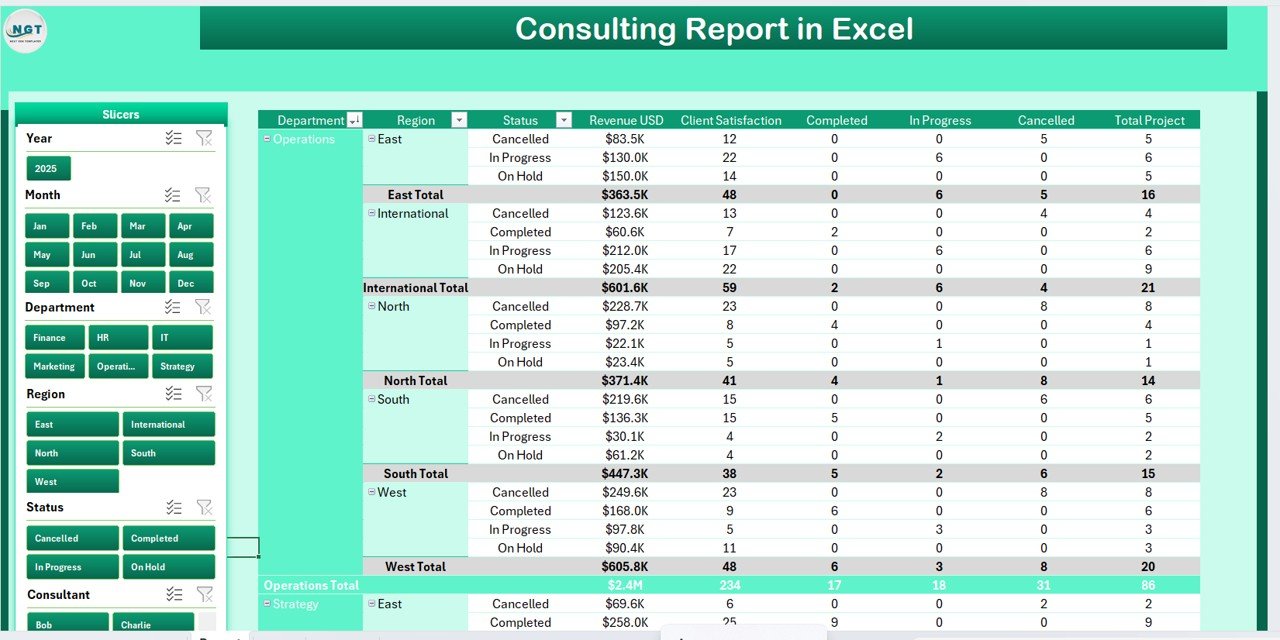 Consulting Report in Excel Report Page