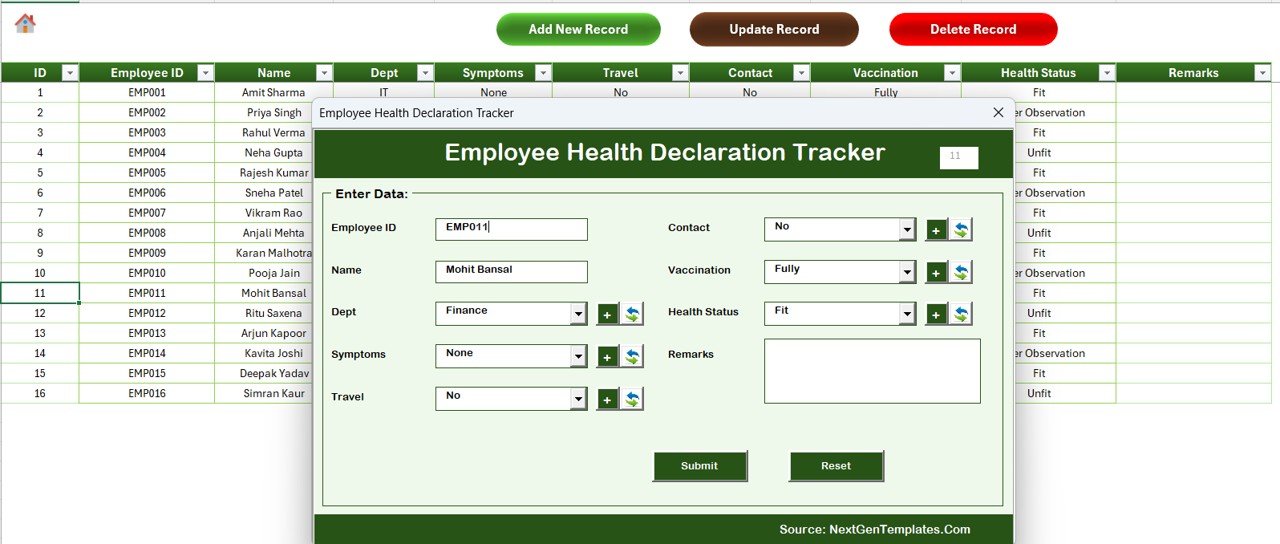 Employee Health Declaration Tracker in Excel - Data Sheet