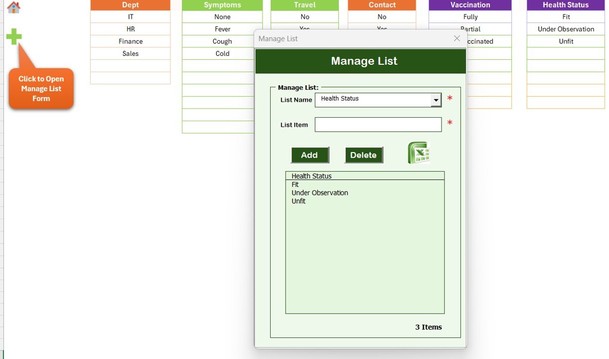 Employee Health Declaration Tracker in Excel - List Sheet