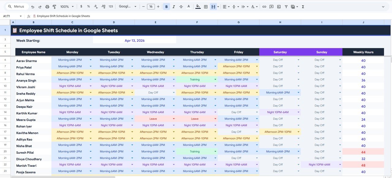 Employee Shift Schedule in Google Sheets