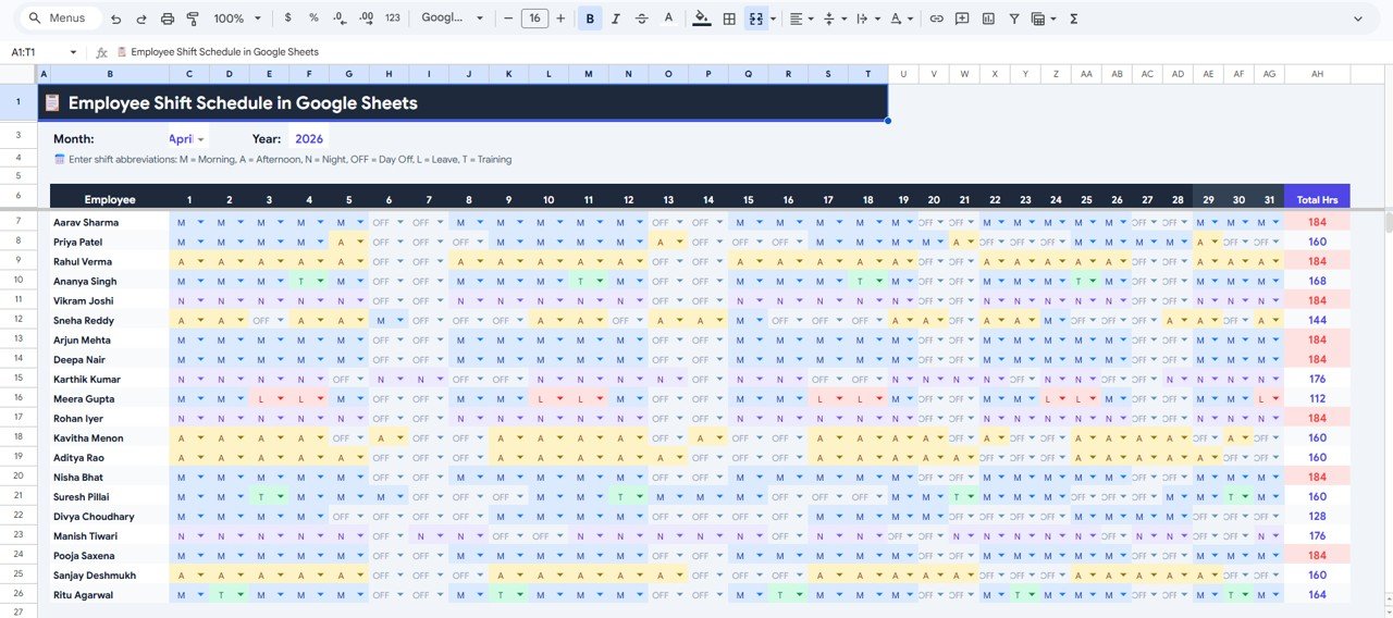 Employee Shift Schedule - Monthly Calendar View