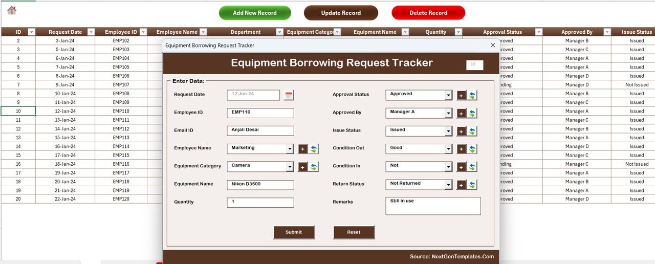 Equipment Borrowing Request Tracker Data Sheet