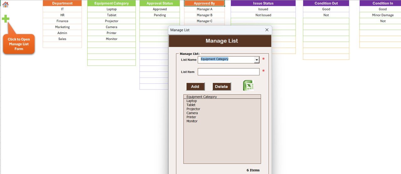 Equipment Borrowing Request Tracker List Sheet