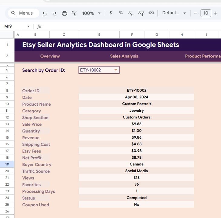 Etsy Seller Analytics Dashboard in Google Sheets - Search Page