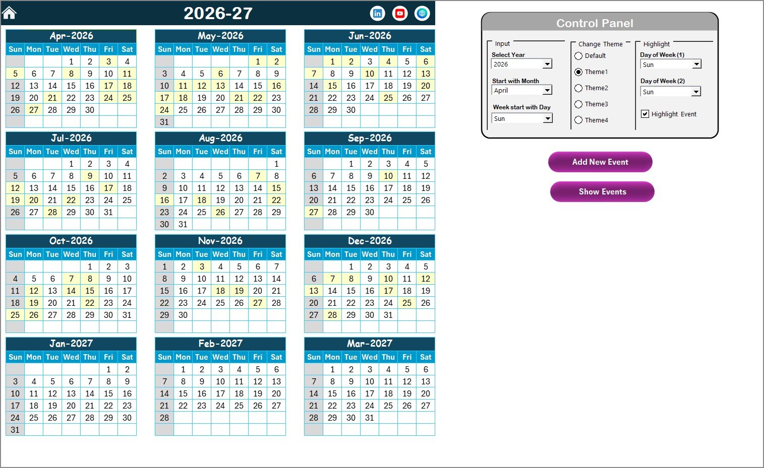 Financial Year-End Close Calendar in Excel - Annual View