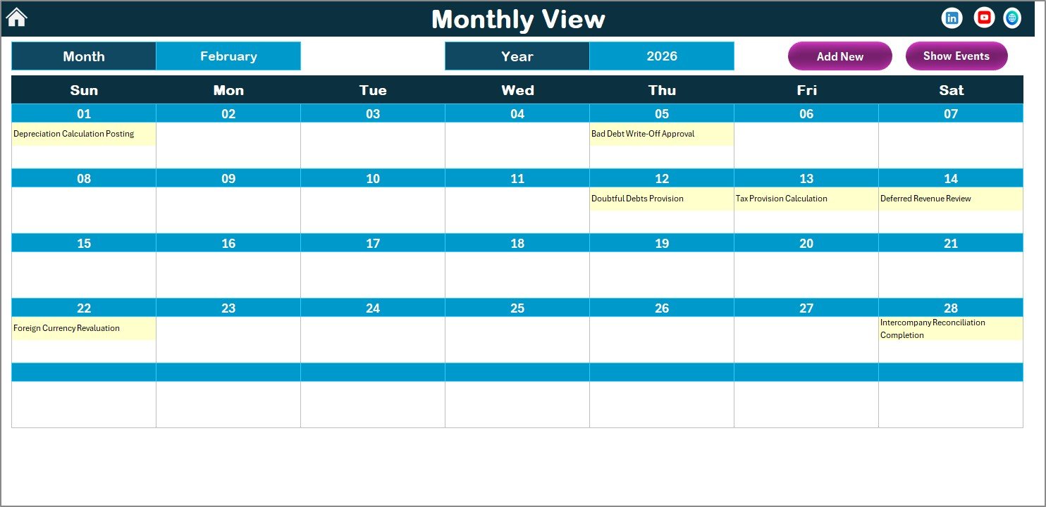 Financial Year-End Close Calendar in Excel - Monthly View