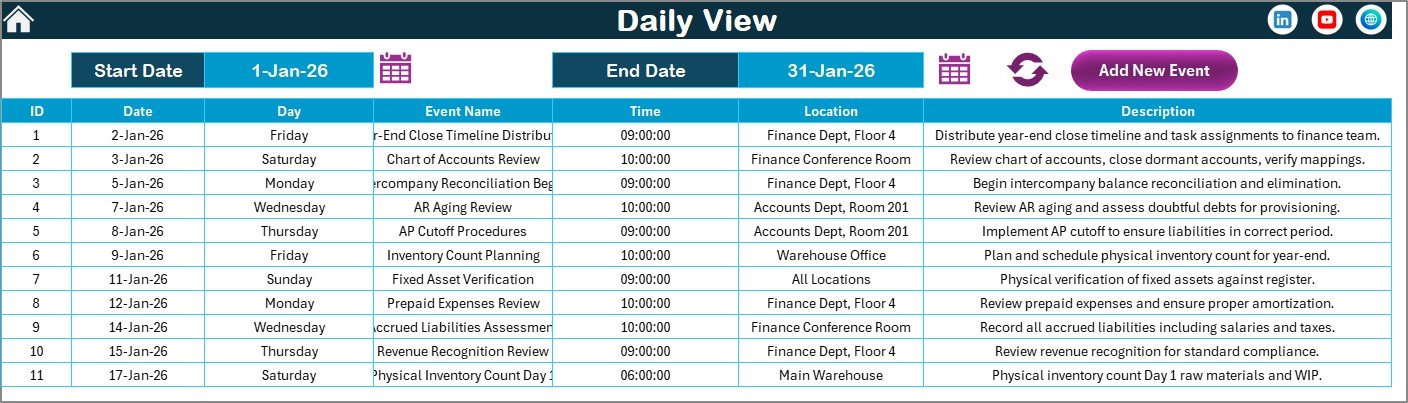 Financial Year-End Close Calendar in Excel - Daily View