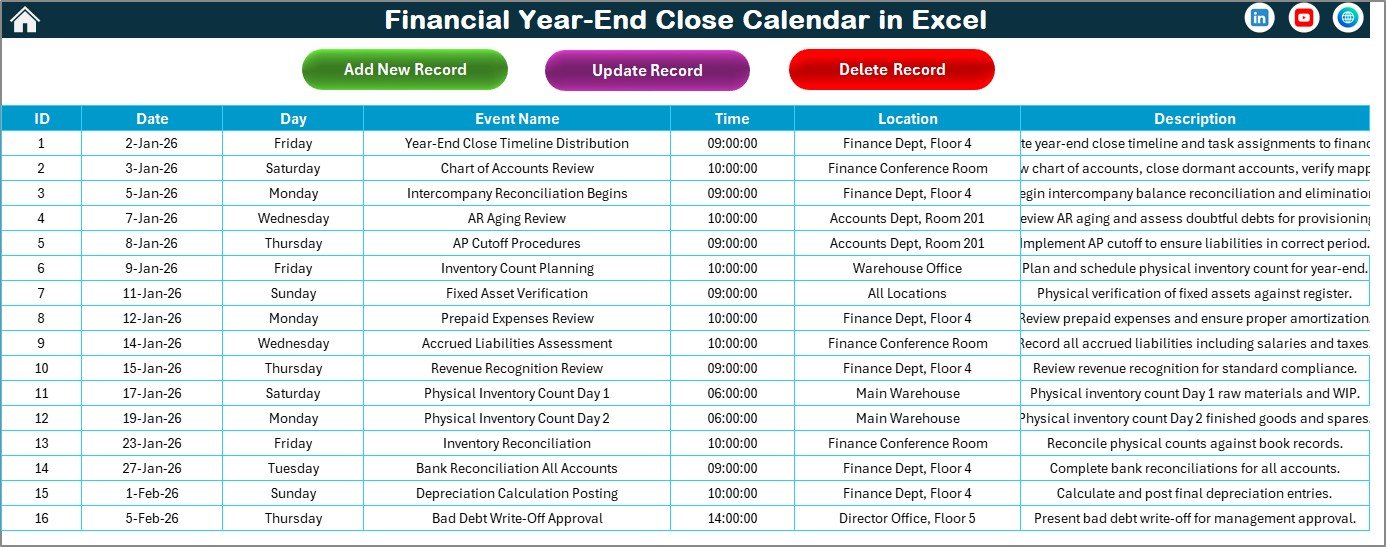 Financial Year-End Close Calendar in Excel - Events Sheet