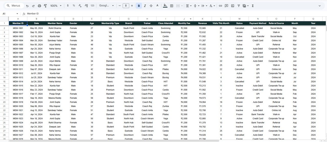 Fitness Performance and Revenue Dashboard - Data Sheet