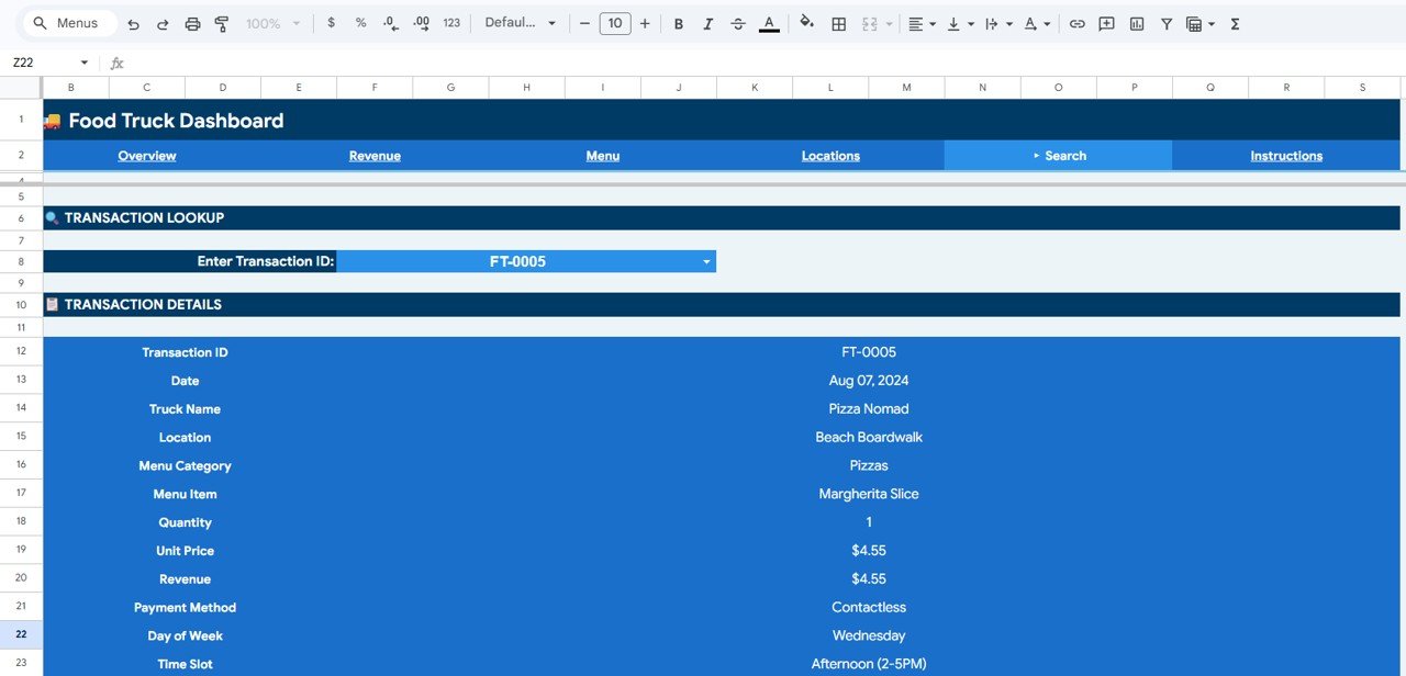 Food Truck Dashboard in Google Sheets - Search Sheet