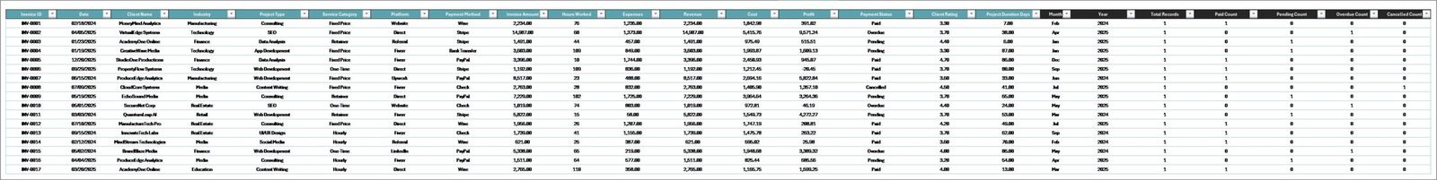 Freelancer Business Dashboard in Excel - Data Sheet